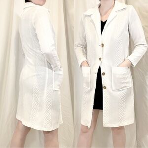 Vintage 1960s-70s Off-White Geometric Jacquard Brass Button Spring Coat Jacket